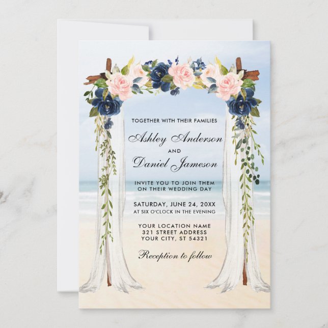 Invitación Boda Beach Canopy acuarela Azul rosa Floral (Anverso)