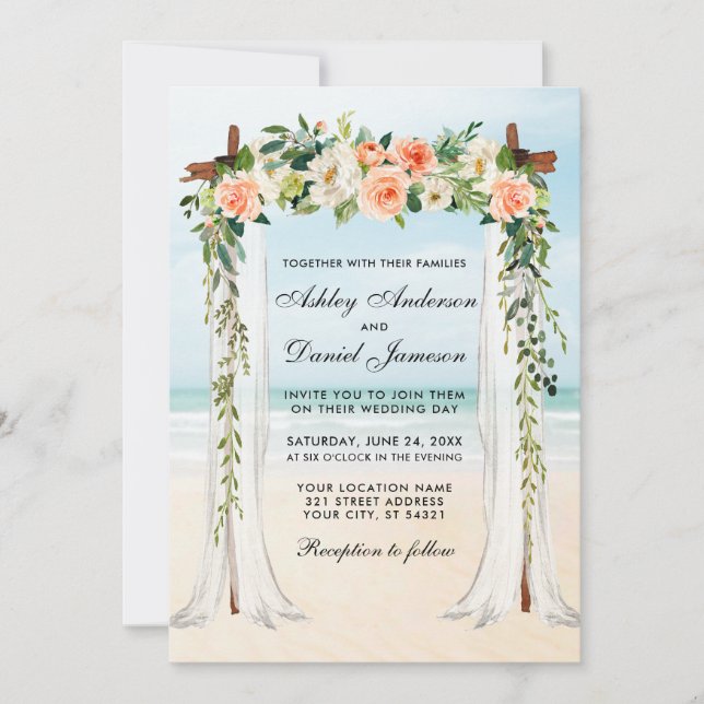 Invitación Boda Beach Canopy acuarela Coral Floral (Anverso)