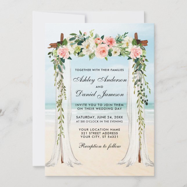 Invitación Boda Beach Canopy Watercolor Floral Blanca Rosa (Anverso)