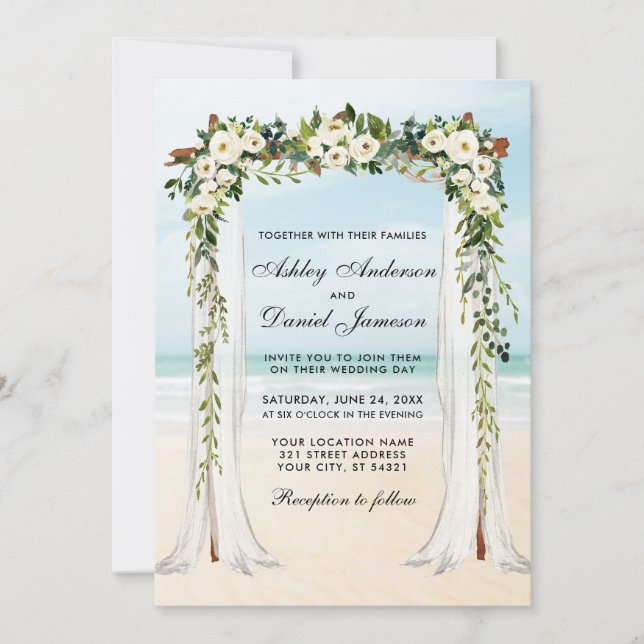 Invitación Boda Beach Canopy Watercolor Verde Flor blanca (Anverso)