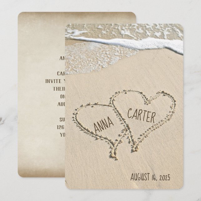 Invitación boda Beach Hearts con surf (Anverso / Reverso)