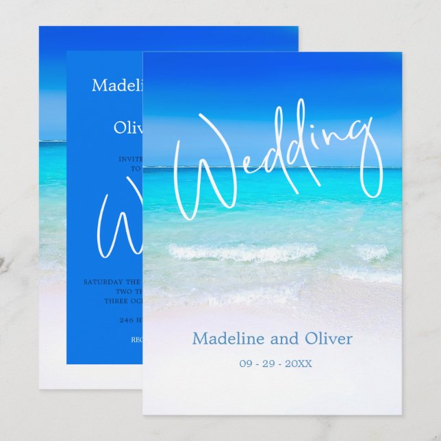 Invitación Boda Beach Ocean Blue Sand Destino moderno (Anverso / Reverso)