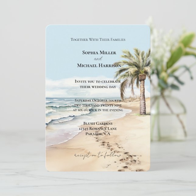Invitación Boda Beach Ocean Palm Tree (Anverso de pie)