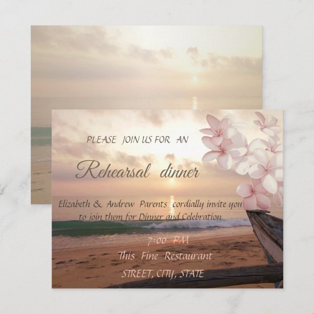 Invitación Boda Beach Sunset, Cena de Ensayos Plumeria (Anverso / Reverso)