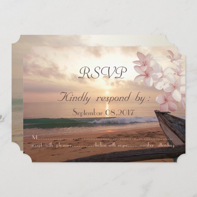 Invitación Boda Beach Sunset, Plumeria RSVP (Anverso / Reverso)