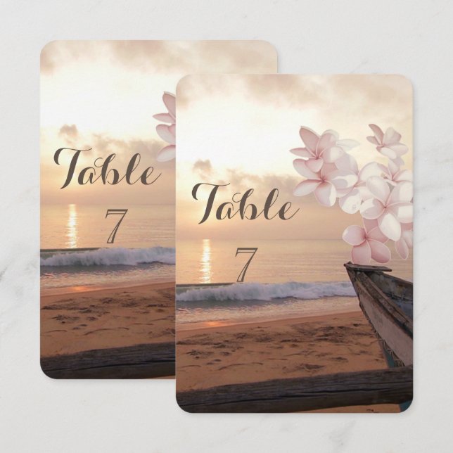 Invitación Boda Beach Sunset, Plumeria Table Card (Anverso / Reverso)