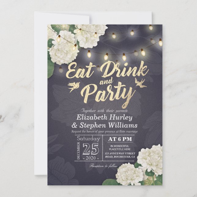 Invitación Boda BEBIDA Y Fiesta Hydrangeas Luz de cuerdas (Anverso)