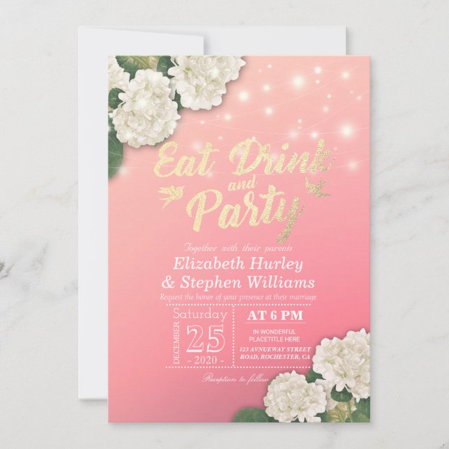 Invitación Boda BEBIDA Y Fiesta Hydrangeas Luz de cuerdas (Anverso)