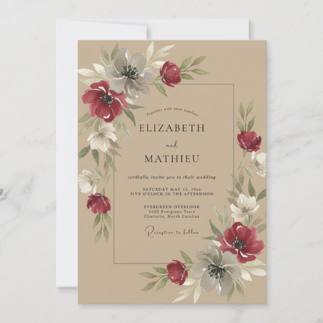 Invitación Boda beige anemona carmesí (Anverso)