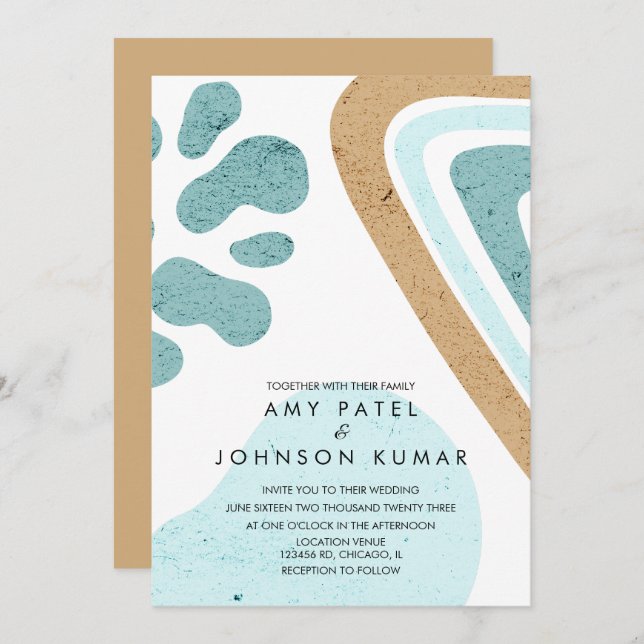 Invitación Boda beige azul claro con formas de tono de tierra (Anverso / Reverso)