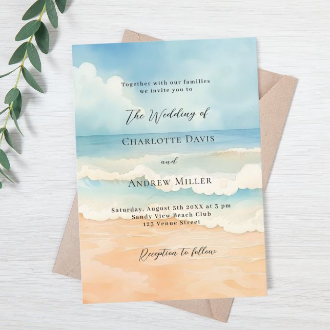 Invitación Boda beige azul de las olas del océano de playa (Subido por el creador)