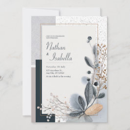 Invitación Boda beige azul geométrico neutro botánico