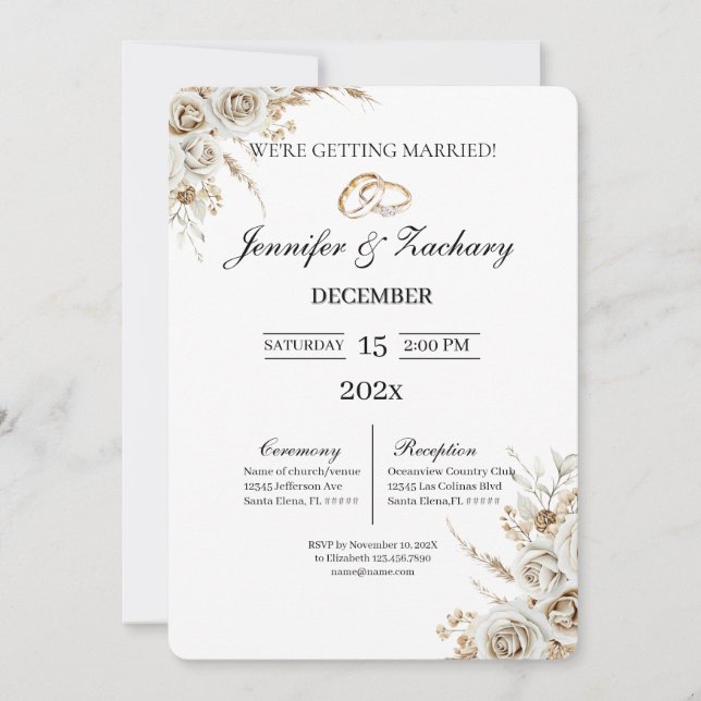 Invitación Boda beige con bouquet  (Anverso)
