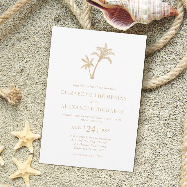 Invitación Boda beige de arena y palmeras tropicales (Subido por el creador)