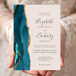 Invitación Boda Beige de la Agate de Oro verde azulado