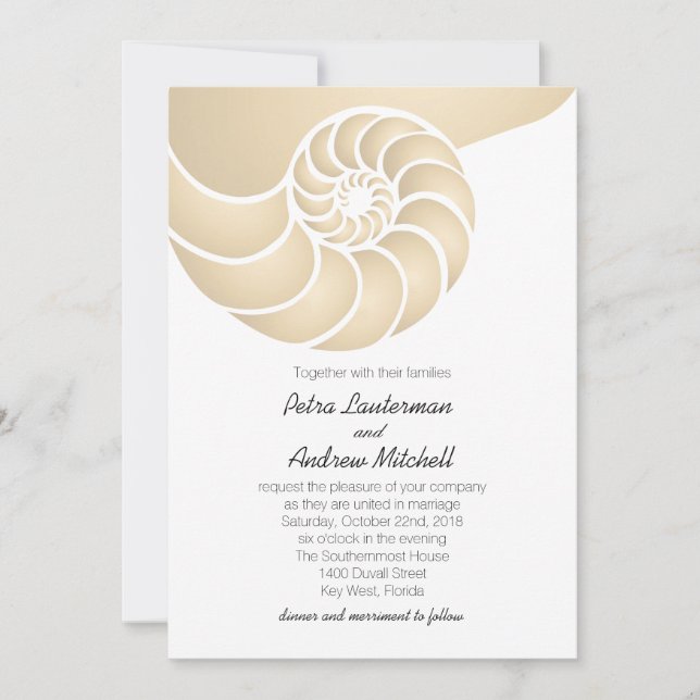 Invitación Boda beige Nautilus Shell Beach (Anverso)
