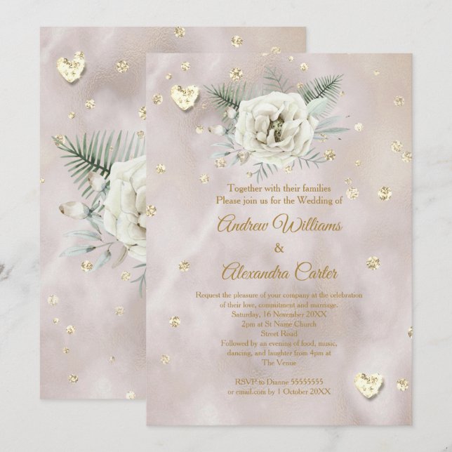 Invitación Boda Beige Oro Purpurina de Corazones de Rosas Bla (Anverso / Reverso)