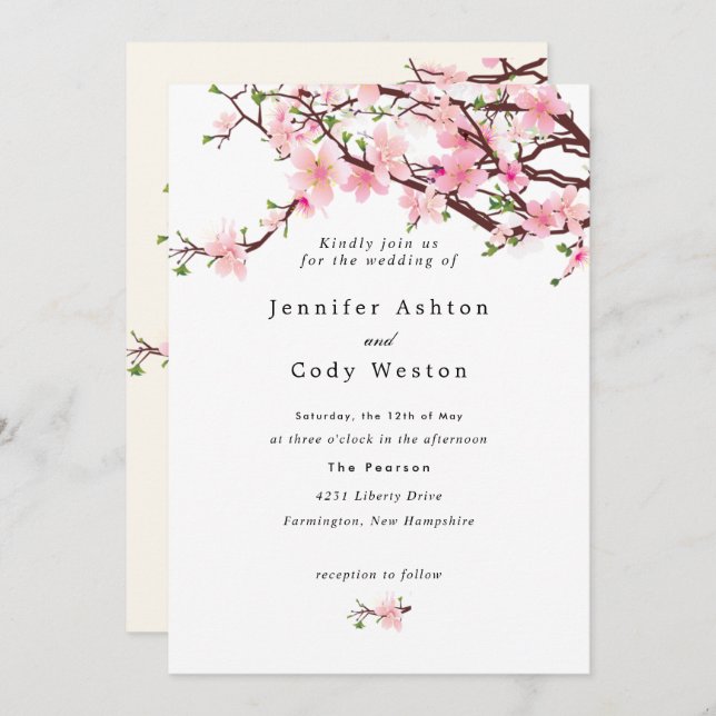 Invitación Boda beige rosado pálido en flor de cerezo primave (Anverso / Reverso)