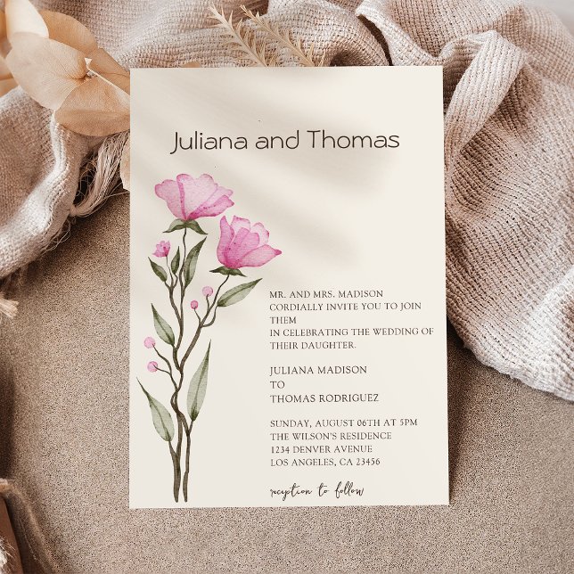 Invitación Boda beige simple con acuarela de flores silvestre (Subido por el creador)