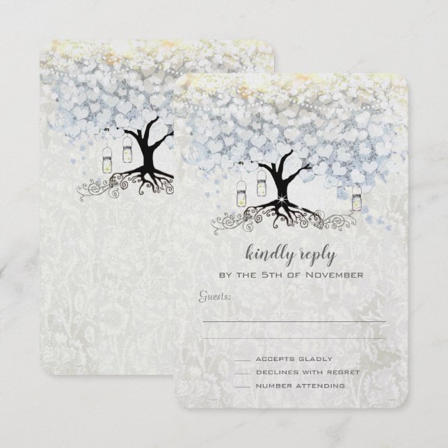 Invitación Boda Bell Blue Heart Leaf Tree Wedding RSVP (Anverso / Reverso)