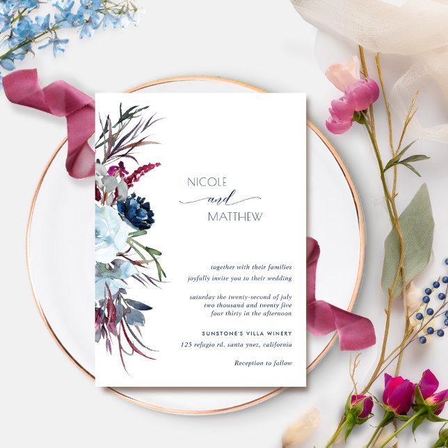 Invitación Boda Berry Borgoña y Floral Azul moderno (Subido por el creador)