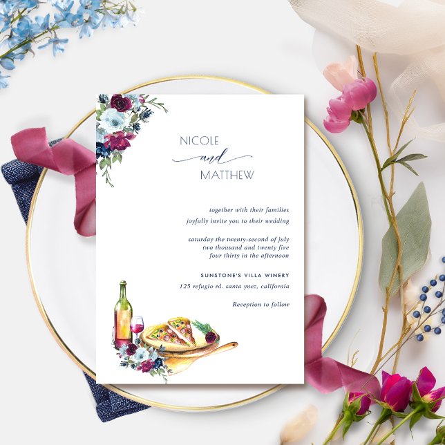 Invitación Boda Berry Burgundy and Blue Floral Pizza (Subido por el creador)