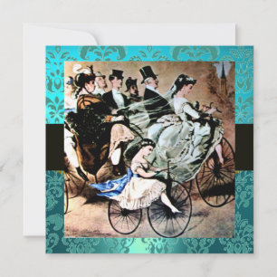 Invitación Boda BICICLETA AZUL AMARILLO NEGRO DAMASK MONOGRAM