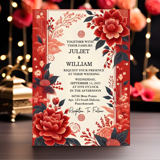Invitación Boda bilingüe chino floral asiático-moderno (Subido por el creador)