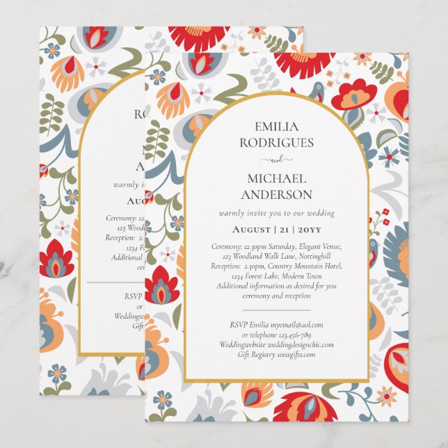 Invitación Boda BILINGÜE De Doble Lado Flores De Arte Popular (Anverso / Reverso)