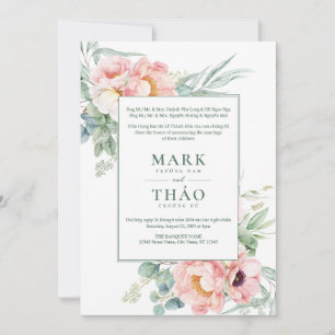 Invitación Boda bilingüe vietnamita flor blanca rosa