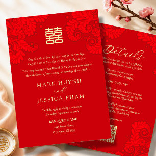 Invitación Boda Bilingüe Vietnamita Inglés Floral Roja