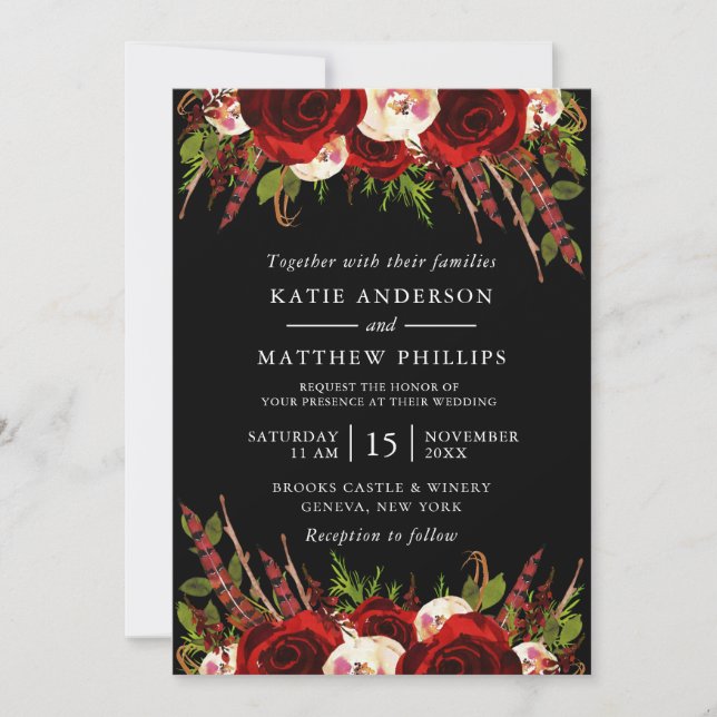 Invitación Boda Black Burgundy Floral Boho (Anverso)