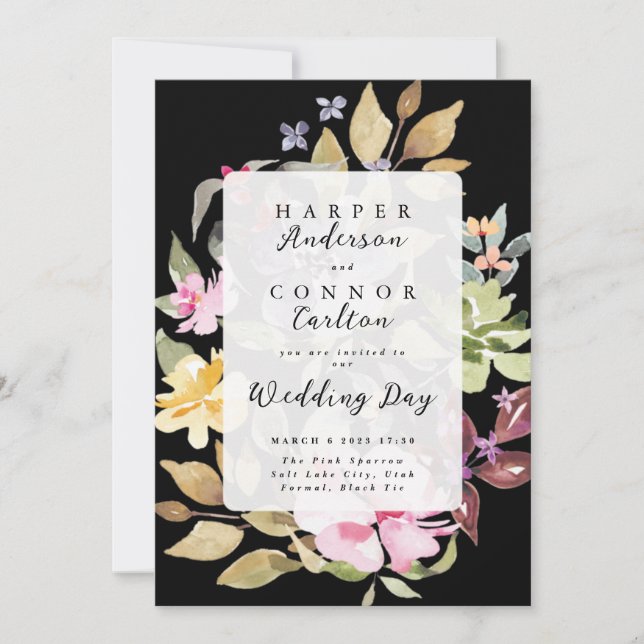 Invitación Boda Black Elegant Watercolor Florals (Anverso)