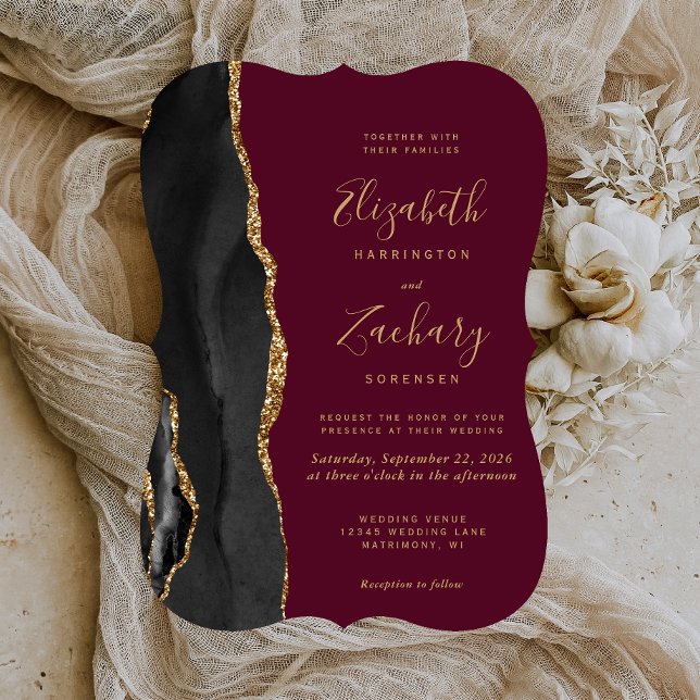 Invitación Boda Black Gold Agate Burgundy Red Bracket (Subido por el creador)