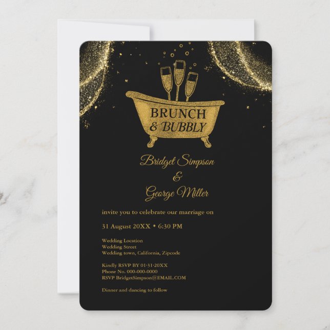 Invitación Boda Black Gold Brunch y Bubbly (Anverso)