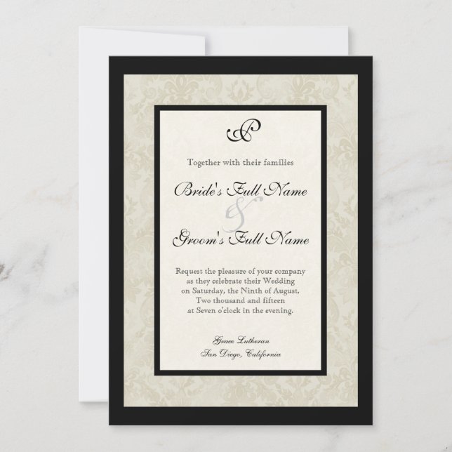 Invitación Boda Black n Cream Fleur de Lis Damask (Anverso)