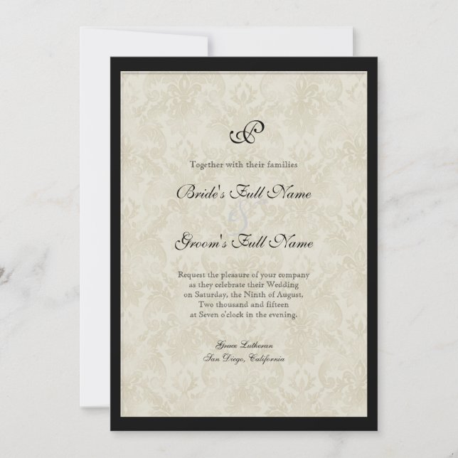 Invitación Boda Black n Cream Fleur de Lis Damask (Anverso)