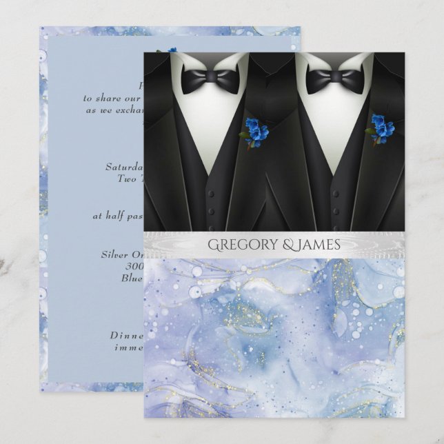 Invitación Boda Black Tuxedos Blue Boutonniere (Anverso / Reverso)