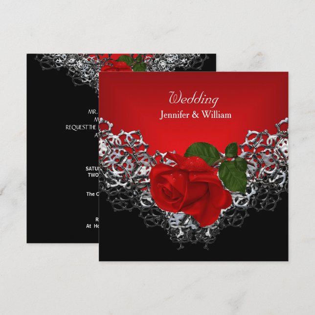Invitación Boda Black White Silver Proep RED Rose (Anverso / Reverso)