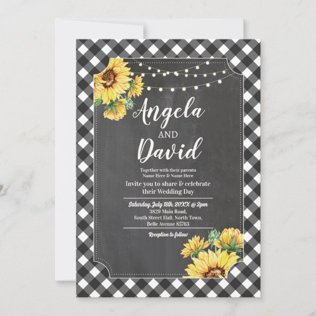 Invitación Boda Black White Sunflower Gingham Floral Light (Anverso)