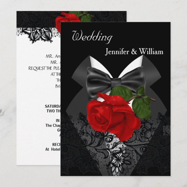 Invitación Boda Black White Tuxedo Aguja roja profunda 2 (Anverso / Reverso)