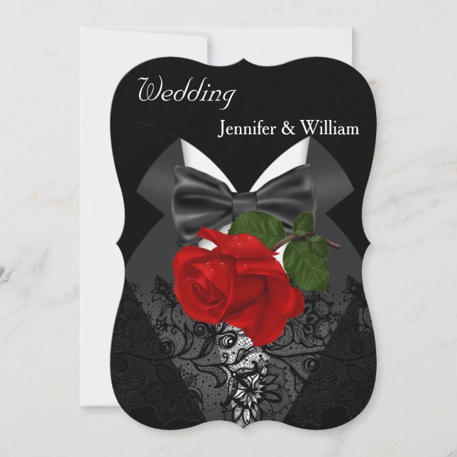 Invitación Boda Black White Tuxedo Deep RED Rose 2b (Anverso)