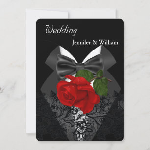 Invitación Boda Black White Tuxedo Deep RED Rose 2c