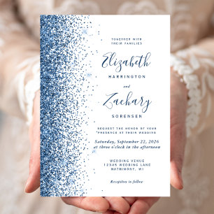 Invitación Boda Blanca Borde Brillante Glitter Azul