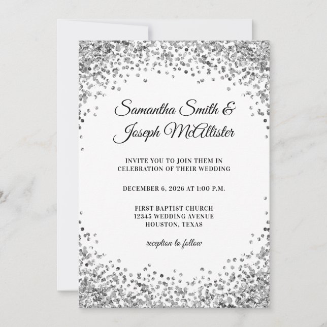 Invitación Boda Blanca Borde Brillo Plateado (Anverso)