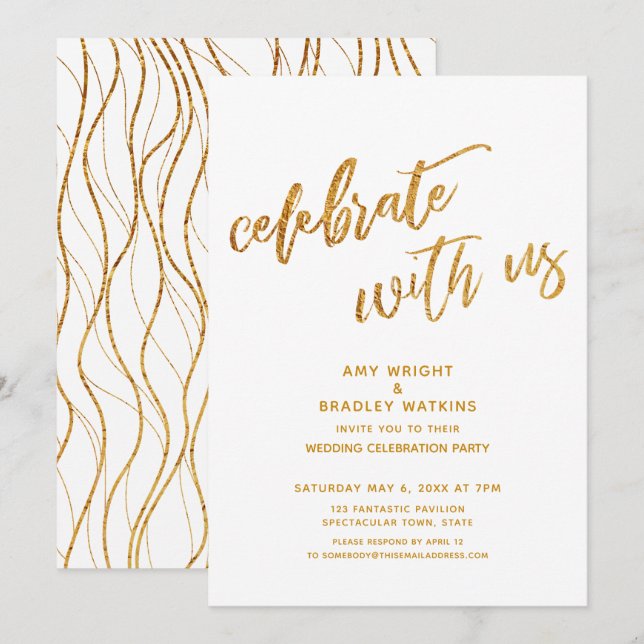 Invitación Boda Blanca Celebre con Nosotros de Oro Recepción (Anverso / Reverso)