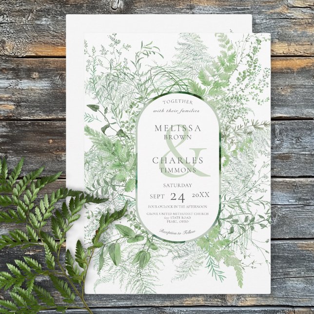 Invitación Boda Blanca con Follaje Verde de Helecho Rústico (Rustic Fern Green Foliage White Wedding Invitation)