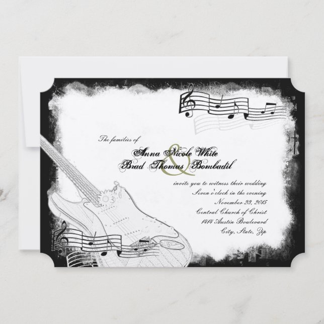 Invitación Boda blanca de la música del negro enrrollado de (Anverso)
