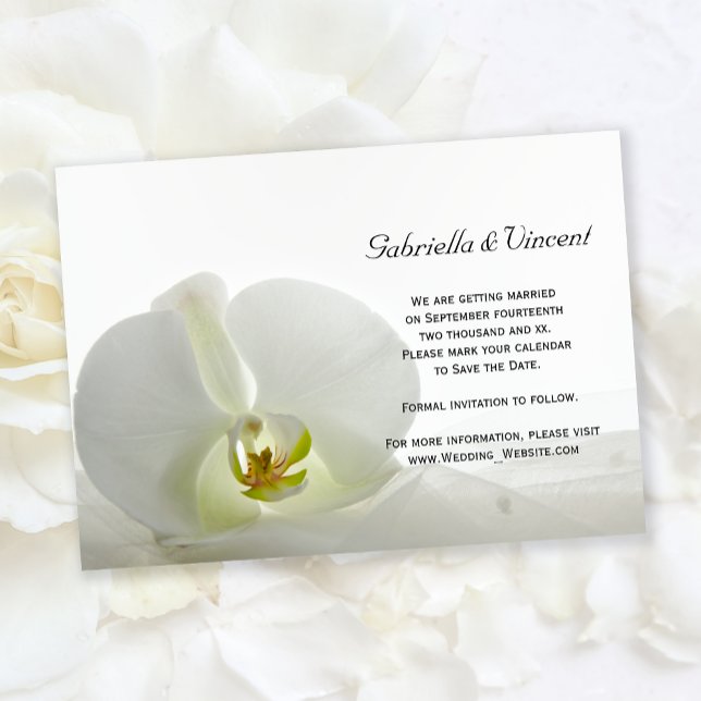 Invitación Boda blanca de orquídeas y velos salva la fecha (Subido por el creador)