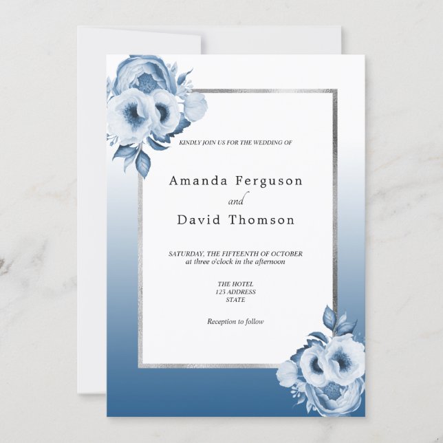 Invitación Boda blanca de plata azul marina floral y elegante (Anverso)